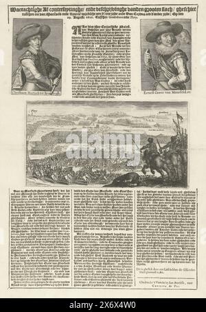 Bataille de Fleurus, 1622, Waerachtighe af-conterfeytinghe, et la description de la grande bataille, combattu entre celle de Mansveld et les Bruyns-wijcksche d'un côté et Don Cordua de l'autre côté : sur le 29. Août 1622. Entre Gembeloers et le Flory (titre sur objet), bataille de Fleurus dans le Hainaut entre l'armée du duc chrétien de Brunswick et Ernst Comte de Mansfeld contre l'armée espagnole de Gonzalo Fernández de Córdoba, le 29 août 1622. Avec deux portraits de Brunswijk et de Mansfeld en haut et un en bas de la photo de la bataille. Entre 3 colonnes de texte en néerlandais Banque D'Images