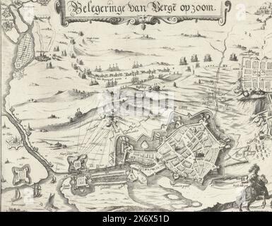 Siège de Bergen op Zoom, 1622, besiege van berge op zoom (titre sur objet), échec du siège de Bergen op Zoom par l'armée espagnole sous Spinola et Velasco, 18 juillet - 3 octobre 1622. Plan de la ville et des environs, au premier plan un cavalier. Au-dessus de l'arrivée de l'armée espagnole, à droite le camp. Voir aussi la feuille de texte jointe., imprimerie, imprimeur : Nicolaes van Geelkercken, (attribué à), Leyde, 1622, papier, gravure, gravure, hauteur, 286 mm × largeur, 366 mm Banque D'Images