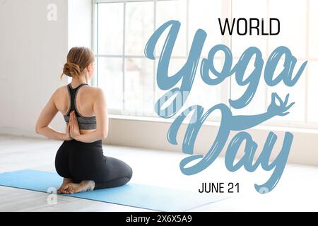 Affiche pour la Journée mondiale du Yoga avec une jeune femme méditante Banque D'Images