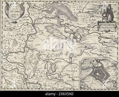 Carte du comté de Zutphen, 1627, Comitatus Zutphania (titre sur l'objet), carte du comté de Zutphen, 1627. En haut à droite deux personnages en costume régional. En bas à droite un encart avec une carte de Groenlo assiégé par l'armée néerlandaise sous Frederik Hendrik en 1627. Sans le texte sous l'impression., imprimeur, imprimeur : Pieter van der Keere, imprimeur : Claes Jansz. Visscher (II), (atelier de), éditeur : Claes Jansz. Visscher (II), (mentionné sur l'objet), imprimeur : Northern Netherlands, imprimeur : Amsterdam, éditeur : Amsterdam, 1617 et/ou 1627, papier, gravure, hauteur, 380 mm × largeur, 495 mm Banque D'Images