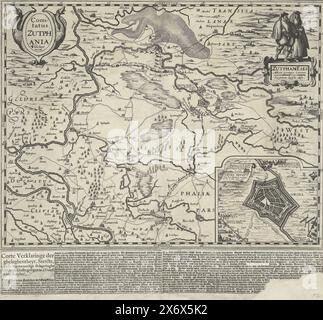 Carte du comté de Zutphen, 1627, Comitatus Zutphania (titre sur objet), Corte Verklaringe der ghelegentheyt, Stercte, ende present Beleginghe der Stadt Grolle, situé dans le comté de Zutphen (titre sur objet), carte du comté de Zutphen, 1627. En haut à droite deux personnages en costume régional. En bas à droite un encart avec une carte de Groenlo assiégé par l'armée d'État sous Frederik Hendrik en 1627. Collé sous l'impression est un texte (incomplet) avec la description du siège de Grol en 6 colonnes en néerlandais., impression, imprimeur : Pieter van der Keere, imprimeur : Claes Jansz. Visscher (II), ( Banque D'Images