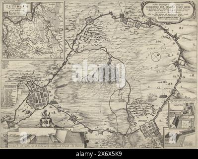 Siège de Grol par Frederik Hendrik, 1627, description parfaite de la situation et du siège de la ville dure de Groll par (...) Frederick Hendrick (...) débutée le 19 juillet 1627 et conquise le 19 août de la même année (titre sur objet), siège et conquête de la ville de Groenlo (Grol) par l'armée néerlandaise sous Frederik Hendrik, 6 juillet - 19 août 1627. Au centre de la ville avec les terres environnantes et les quartiers des assiégeants. En haut à gauche un encart avec une carte du comté de Zutphen, en bas à gauche une coupe transversale des remparts de la ville. Cartouche en haut à droite avec titre et A. Banque D'Images