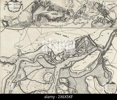 Fortifications au siège de Bergen op Zoom en 1622 et les fortifications sur l'Escaut en 1627, 't Schantzen de Bergen op Zoom et Steenbergen, 't Schantzen der Spaense en Hollanderen aen de Scheldt, ainsi que l'attaque espagnole sur Zeelandt (titre sur objet), feuille avec deux représentations. Au-dessus des fortifications lors du siège manqué de Bergen op Zoom par l'armée espagnole sous Spinola et Velasco, du 18 juillet au 3 octobre 1622. Ci-dessous, une carte de la rivière et de la crique entre l'Oosterschelde et Westerschelde avec la construction de fortifications néerlandaises et espagnoles sur l'Escaut In Banque D'Images