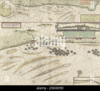 Carte de la côte près de Dunkerque et de la côte flamande de Walcheren à Boulogne, 1631, Pascaert vande Custe van Vlaenderen, de Walcheren à cales et Bouloigne à Vranckrijck, carte marine dela Coste de Flandres, depuis l'isle de Walcheren en Zeelande, jusq . A Calais et bouloigne de France (titre sur objet) feuille avec deux cartes. La représentation principale est une carte de la côte près de Dunkerque avec les flottes de navires qui gardent l'entrée du port contre la voile des corsaires. La flotte espagnole située dans le Scheurtje. On y trouve également un profil de la ville, vu de la mer. À Banque D'Images