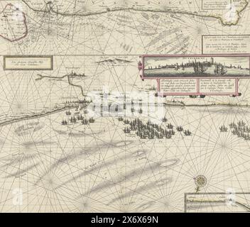 Carte de la côte près de Dunkerque et de la côte flamande de Walcheren à Boulogne, 1631, Pascaert vande Custe van Vlaenderen, de Walcheren à cales et Bouloigne à Vranckrijck, carte marine dela Coste de Flandres, depuis l'isle de Walcheren en Zeelande, jusq . A Calais et bouloigne de France (titre sur objet) feuille avec deux cartes. La représentation principale est une carte de la côte près de Dunkerque avec les flottes de navires qui gardent l'entrée du port contre la voile des corsaires. La flotte espagnole située dans le Scheurtje. On y trouve également un profil de la ville, vu de la mer. À Banque D'Images