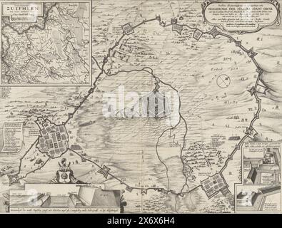 Siège de Grol par Frederik Hendrik, 1627, description parfaite de la situation et du siège de la ville dure de Groll par (...) Frederick Hendrick (...) débutée le 19 juillet 1627 et conquise le 19 août de la même année (titre sur objet), siège et conquête de la ville de Groenlo (Grol) par l'armée néerlandaise sous Frederik Hendrik, 6 juillet - 19 août 1627. Au centre de la ville avec les terres environnantes et les quartiers des assiégeants. En haut à gauche un encart avec une carte du comté de Zutphen, en bas à gauche une coupe transversale des remparts de la ville. Cartouche en haut à droite avec titre et A. Banque D'Images