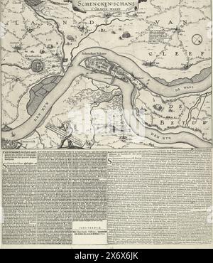 Carte de Schenckenschans assiégé par Frederik Hendrik, 1635, Schencken-schans ou s' Graven-waert (titre sur objet), histoire de Cort en concise avec une représentation parfaite du fort appelé Schenckenschans, brève description et délimitation exacte du Tres-important Fort appellation Schencken-schans (titre sur objet), carte Schenckenschans et la zone fluviale assiégée par l'armée néerlandaise sous Frederik Hendrik, août 1635. Une feuille de texte est collée sous la plaque avec une description des événements en 3 colonnes en néerlandais et 3 colonnes en français. En haut à droite de la représentation, la légende 1-10 Banque D'Images