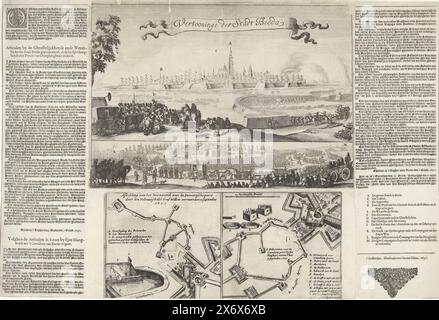 Conquête de Breda et exode de la garnison espagnole, 1637, Vertooninge der Stadt Breda (titre sur objet), siège et conquête de Breda par l'armée néerlandaise sous Frederik Hendrik, 23 juillet - 10 octobre 1637. Feuille avec plusieurs scènes et pages de texte . Au centre ci-dessus se trouve une plaque avec une vue sur la ville assiégée avec une prière par un prédicateur pour les soldats qui vont dans les tranchées, en dessous l'exode des troupes espagnoles de la ville le 10 octobre. Au bas une plaque avec deux détails des conquêtes de la porte d'Anvers et de la porte de Ginnekens les 12 et 7 septembre respectivement. Gauche Banque D'Images