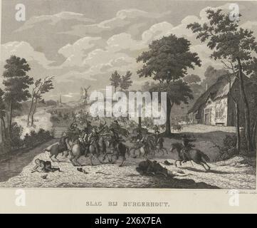 Les Espagnols sous Don Cantelmo vaincus à Borgerhout, 1643, bataille de Burgerhout (titre sur objet), bataille de Borgerhout près d'Anvers dans laquelle une armée espagnole de Don Andrea Cantelmo sous le commandement de Don Juan de Borges a été vaincue par les troupes de l'État sous le commandement du prince Willem II, 4 septembre 1643. Bataille équestre dans le village., impression, imprimeur : Jan Frederik Christiaan Reckleben, (mentionné sur l'objet), après impression par : Dirk Stoop, imprimeur : pays-Bas, après impression par : pays-Bas du Nord, 1866 - 1868, papier, gravure sur acier, hauteur, 181 mm × largeur, 230 mm Banque D'Images