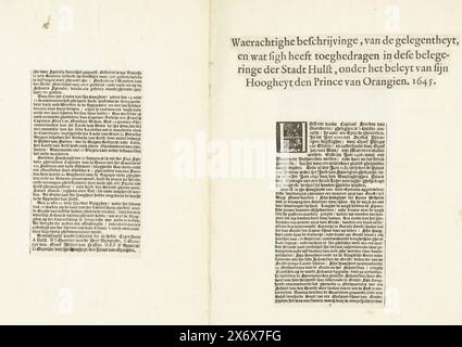 Textes accompagnant l'impression du siège de Hulst par Frederik Hendrik, 1645, magnifique description de l'occasion et de ce que Sigh a contribué à ce siège de la ville de Hulst, sous les ordres de son Hoogheyt le Prince d'Orangien. 1645 (titre sur objet), textes accompagnant l'épreuve du siège et de la conquête de Hulst par l'armée néerlandaise sous Frederik Hendrik du 28 septembre au 5 novembre 1645. Quatre colonnes séparées avec une description des événements et la légende A-G, découpées et montées le recto et le verso d'une feuille de papier. En haut du titre en quatre bandes découpées et collées Banque D'Images