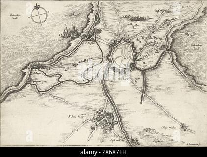 Carte du siège de Hulst par Frederik Hendrik, 1645, carte du siège et de la conquête de Hulst par l'armée néerlandaise sous Frederik Hendrik du 28 septembre au 5 novembre 1645. Plan de la ville de Hulst et du pays environnant avec l'encerclement et les camps de l'armée des assiégeants., imprimeur, imprimeur : Abraham Dircksz. Santvoort, (mentionné sur l'objet), pays-Bas du Nord, 1645, papier, gravure, hauteur, 213 mm × largeur, 300 mm Banque D'Images