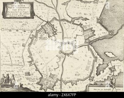 Siège de Hulst par Frederik Hendrik, 1645, images du siège de Hulst par Syn H. den P. van Orangen, la Siege de Hulst P. son A. le P.D. Orange (titre sur objet), siège et conquête de Hulst par l'armée néerlandaise sous Frederik Hendrik du 28 septembre au 5 novembre 1645. Plan de la ville de Hulst et du pays environnant avec l'encerclement et les camps de l'armée des assiégeants. Sur la droite, la terre noyée de Saeftinghe. Ci-dessous gauche quelques cavaliers. Une feuille de texte accompagne l'impression., impression, imprimeur : anonyme, pays-Bas du Nord, 1645, papier, gravure, hauteur, 258 mm × largeur, 346 mm Banque D'Images