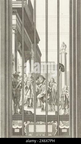 Vitrail représentant le roi Philippe IV renonçant aux pays-Bas, 1648, vitrail représentant le roi d'Espagne Philippe IV se voyant remettre un document dans lequel il renonce aux pays-Bas, après la conclusion de la paix de Munster, 1648. Dans un cartouche un verset de quatre lignes. Vitrail dans l'Oude Kerk à Amsterdam placé en 1656 et renouvelé en 1767., imprimerie, imprimeur : Jan Punt, après dessin par : Abraham Pietersz. Hulk, après conception par : Pieter Jansz, Amsterdam, 1779, papier, gravure, hauteur, 310 mm × largeur, 196 mm Banque D'Images