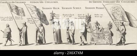 Le cortège funéraire de Frederik Hendrik (planche no. 10), 1647, le cortège funéraire du stadier Frederik Hendrik à la Haye en 1647 (titre de la série), l'enterrement de Syne Hoogheyt Frederick Henrick, par der Gratien Gods Prince d'Orange, tombe de Nassau &c (titre de la série sur objet), le cortège funéraire du stadier Frederik Hendrik à la Haye le 10 mai, 1647. Plaque n° 10 avec une partie de la procession avec des porteurs d'étendard et un cheval, au-dessus des personnes se trouvent leurs noms et leurs positions. Partie d'une série de 30 planches et 20 feuilles de texte, destinées à être collées ensemble., imprimeur, imprimeur Banque D'Images