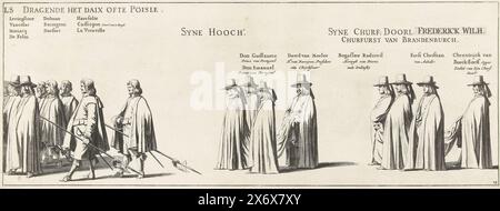 Le cortège funéraire de Frederik Hendrik (planche no. 23), 1647, le cortège funéraire du stadier Frederik Hendrik à la Haye en 1647 (titre de la série), l'enterrement de Syne Hoogheyt Frederick Henrick, par der Gratien Gods Prince d'Orange, tombe de Nassau &c (titre de la série sur objet), le cortège funéraire du stadier Frederik Hendrik à la Haye le 10 mai, 1647. Plaque n° 23 avec une partie de la procession, au-dessus des personnes se trouvent leurs noms et leurs positions. Un bordereau au nom de Frederick Wilh. bloqué en position. Partie d'une série de 30 planches et 20 feuilles de texte, destinées à être collées ensemble., imprimer Banque D'Images