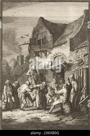 Dancing Peasants in front of an Inn, c. 1650, Dancing Peasants in front of an Inn, c. 1650. Un homme et une femme dansent ensemble à l'extérieur d'une auberge sur la musique d'un shawm. Les paysans qui boivent regardent. Dans la légende un verset de 4 lignes., estampe, imprimeur : Gerrit de Broen (I), (mentionné sur l'objet), après conception par : Adriaen van Ostade, (mentionné sur l'objet), éditeur : Gerrit de Broen (I), (mentionné sur l'objet), pays-Bas du Nord, 1705, papier, gravure, hauteur, 304 mm × largeur, 183 mm Banque D'Images