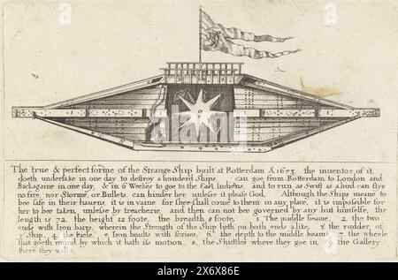 L'étrange navire de Rotterdam, 1653, la forme vraie et parfaite de l'étrange navire construit à Rotterdam Ao. 1653 (...) (titre sur objet), le bateau stupide ou merveilleux de Rotterdam, conçu par Jean Duson, 1653. Embarqué sur un bateau en bois en forme de losange avec une roue à aubes ou une vis au milieu. Avec légende de 11 lignes avec la légende 1-9 en anglais., impression, imprimeur : Wenceslaus Hollar, Angleterre, 1653, papier, gravure, hauteur, 148 mm × largeur, 230 mm Banque D'Images