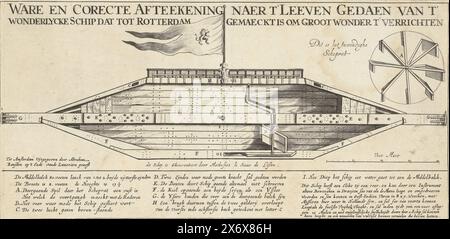 Le bateau idiot de Rotterdam, 1653, dessin vrai et correct après la vie du merveilleux bateau qui a été construit à Rotterdam pour accomplir de grands miracles (titre sur objet), le bateau idiot ou merveilleux de Rotterdam, conçu par Jean Duson (mentionné sur cette estampe comme Mathesios le Sieur de Lisson), 1653. Embarqué sur un navire en bois en forme de losange avec une roue à aubes ou une vis au milieu, et un drapeau sur le dessus du navire. Dans la légende la légende A-I., impression, imprimeur : anonyme, éditeur : Abraham Ransden, (mentionné sur l'objet), imprimeur : pays-Bas du Nord, éditeur : Amsterdam, 1653, papier Banque D'Images