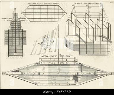 Feuille avec deux plans pour navires expérimentaux, vers 1650, feuille avec deux plans pour navires expérimentaux du milieu du XVIIe siècle. En haut, trois vues d'un design pour un voilier par Hendrik Stevin. Ci-dessous le bateau stupide ou merveilleux de Rotterdam, conçu par Jean Duson (mentionné ici comme 'de Heer van son'), 1653. Embarqué dans un bateau en bois en forme de losange avec une roue à aubes ou une vis au milieu (couvert par une feuille attachée à elle). Marqué en haut à droite : page. 13., imprimeur, imprimeur : anonyme, pays-Bas du Nord, 1751 - 1753, papier, gravure, hauteur, 289 mm × largeur, 372 mm Banque D'Images