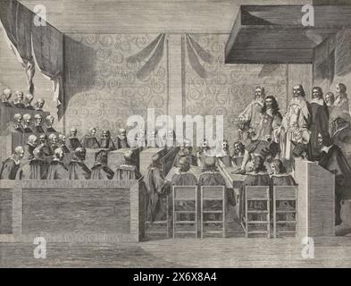 Le roi Charles II d'Angleterre s'adresse aux membres en exercice des États généraux, 1660, le roi Charles II d'Angleterre s'adresse aux États généraux, le 1er juin 1660. Épisode lors de sa tournée à travers et départ des pays-Bas. Le roi à droite avec des préposés assis sous un auvent, les pieds sur la table des conseillers assis sur cinq chaises., imprimerie, imprimeur : Pieter Philippe, (attribué à), pays-Bas du Nord, 1660, papier, gravure, hauteur, 360 mm × largeur, 470 mm Banque D'Images