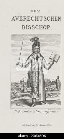 Caricature sur l'évêque de Munster, 1665, Den Averechtsen Bisschop (titre sur l'objet), reproduction d'une caricature sur Christoph Bernard von Galen, évêque de Munster, au déclenchement de la seconde guerre d'Angleterre, 1665. L'évêque à moitié habillé comme un soldat et à moitié comme un évêque, debout avec l'épée et le livre dans ses mains. Dans le fond à gauche l'évêque en tant que soldat tue les moutons et à droite en tant qu'évêque un berger pour les moutons., imprimerie, imprimeur : Emrik & Binger, (mentionné sur l'objet), pays-Bas, 1877 - 1879, papier, hauteur, 191 mm × largeur, 92 mm Banque D'Images