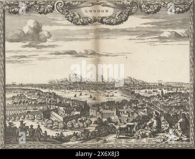 Vue de Londres pendant le grand incendie, 1666, vue de Londres pendant le grand incendie, 12-15 septembre 1666. Profil de la ville en feu vu d'une colline sur le côté sud de la Tamise, au premier plan des gens couchés et assis avec des chiens . Voici la légende 1-20., print, imprimeur : Pieter Hendricksz. Schut, (mentionné sur l'objet), éditeur : Nicolaes Visscher (I), (mentionné sur l'objet), imprimeur : Northern Netherlands, éditeur : Amsterdam, 1666, papier, gravure, hauteur, 215 mm × largeur, 281 mm Banque D'Images