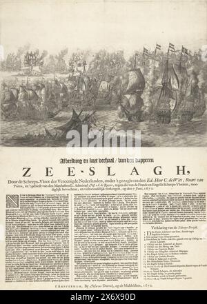 Bataille de Solebay, 7 juin 1672, image et histoire courte de la bataille de la mer courageuse, par la flotte maritime des pays-Bas-Unis, sous l'autorité de l'U. Lord C. de Witt, Ruart van Putten, et le commandement du L.T. Admiral M.A. de Ruyter de Manhaften, contre ceux des flottes françaises et anglaises, ont courageusement combattu, et obtint victorieusement, le 7 juin 1672 (titre sur objet), la bataille de Solebay le 7 juin 1672 entre la flotte hollandaise commandée par Michiel de Ruyter et la flotte anglo-française commandée par le duc d'York et le vice-amiral Jean II d'Estrees. Sous la scène se trouve une feuille Banque D'Images