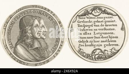 Médaille à la mort des frères de Witt, 1672, recto et verso d'une médaille en l'honneur des frères Johan et Cornelis de Witt, assassinés le 20 août 1672, coupés. Devant : les frères de profil côte à côte. Revers : un verset de huit lignes., print Maker : anonyme, pays-Bas du Nord, 1672 - 1699, papier, gravure, hauteur, 51 mm × largeur, 104 mm Banque D'Images