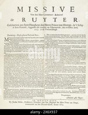 Missive de de Ruyter au prince Willem III sur la victoire dans la bataille navale de Schoonevelt, le 7 juin 1673, missive de den Heer Lieutenant-Admirael de Ruyter, écrit à Syne Hoogheyt den Heere Prince van Orange, in 't Schip de Seven provincial, posant dix Ancker sur Schoonevelt, le 8 juin 1673. In de Voordomeinh (titre sur objet), missive de l'amiral Michiel de Ruyter au prince Willem III sur la victoire remportée à la bataille navale de Schoonevelt le 7 juin 1673 par la flotte de la République dirigée par Michiel de Ruyter et Cornelis Tromp sur la flotte franco-anglaise Banque D'Images