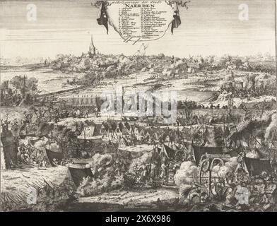 Siège et conquête de Naarden, 1673, besiege der stadt Naerden (titre sur objet), siège et conquête de Naarden par le prince d'Orange, 12 septembre 1673. Au premier plan se trouvent des scènes de la vie des soldats dans le camp militaire. Au loin le siège et la prise d'assaut de la ville. En haut un tissu suspendu avec titre et légende 1-20., impression, imprimeur : Jacobus Harrewijn, (mentionné sur l'objet), pays-Bas du Nord, sept-1684, papier, gravure, gravure, hauteur, 287 mm × largeur, 373 mm Banque D'Images