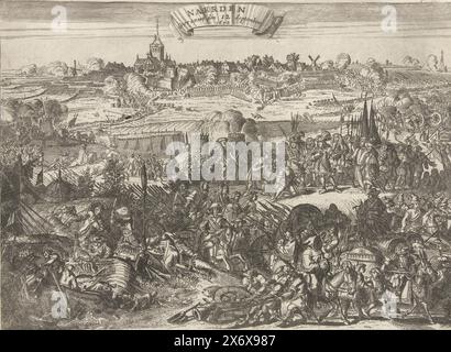 Siège et conquête de Naarden par le prince d'Orange, 1673, Naerden conquiert les 12. Septembre 1673 (titre sur objet), Siège et conquête de Naarden par le prince d'Orange, 12 septembre 1673. Au premier plan se trouvent des scènes de la vie d'un soldat dans le camp de l'armée. Au milieu, le maire de Naarden s'agenouille devant le prince, qui est entouré de son état-major. Au loin le siège et la prise de la ville., impression, imprimeur : anonyme, après impression par : Romeyn de Hooghe, pays-Bas du Nord, 1673 - 1675, papier, gravure, gravure, hauteur, 191 mm × largeur, 261 mm Banque D'Images