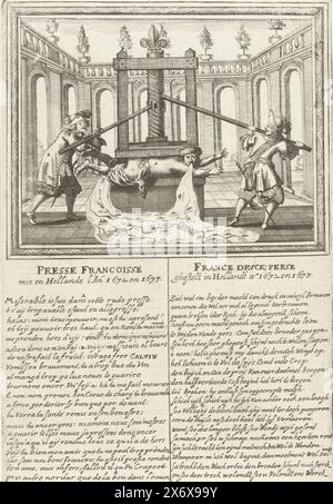 Hollande dans l'imprimerie française, 1672-1673, presse Francoisse mis en Hollande l'an 1672 et 1673, France Druck:perse ghestelt in Hollandt ao. 1672 et 1673 (titre sur objet), six caricatures françaises sur les Hollandais de 1673 (titre de la série), Hollande dans l'imprimerie française, 1672-1673. Caricature française sur les pertes néerlandaises en 1672 et 1673. Un Hollandais est écrasé dans une imprimerie par les deux Français. Cela provoque une vague contenant les villes perdues à couler de sa bouche et derrière. Dans la légende 2 colonnes de texte en français et en néerlandais., print, print Maker : anonyme, (éventuellement), print Maker Banque D'Images