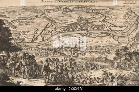 Siège et conquête de tombe par Willem III, 1674, Belegh en Overgaen der Stadt grave (titre sur objet), siège et conquête de tombe par Willem III, du 25 juillet au 29 octobre 1674. Vue de la ville assiégée de grave sur la rivière Maas et les positions des troupes assiégeantes. Au premier plan William III avec son personnel., impression, imprimeur : anonyme, après impression par : Romeyn de Hooghe, pays-Bas du Nord, 1674 - 1675, papier, gravure, hauteur, 184 mm × largeur, 292 mm Banque D'Images