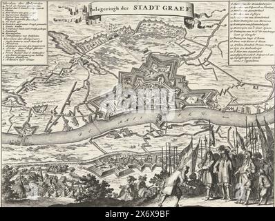 Siège de tombe par Willem III, 1674, Belegeringh der stadt Graef (titre sur objet), 't Veroveren der Stercke Stadt Graef, par Sijn Hoogheyt den Heer Prins van Orangien, le 25 octobre 1674, siège et conquête de tombe par Guillaume III, du 25 juillet au 29 octobre 1674. Vue du siège de la ville sur la Meuse. Au premier plan, un représentant de la ville remet la demande de reddition à Guillaume III en haut à gauche une légende A-N et 1-7, en haut à droite une légende 8-23., estampe, imprimeur : Coenraet Decker, (mentionné sur l'objet), Amsterdam, 1684, papier, gravure, gravure, hauteur, 285 mm × largeur, 371 Banque D'Images