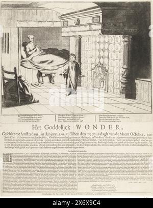 La guérison miraculeuse de Jeske Klaes, 1676, le Miracle Goddelijck, Geschiet tot Amsterdam, en l'an 1676, entre le 13 et le 16 octobre, à Jeske Klaes (...) (titre sur objet), la guérison miraculeuse de Jeske Klaes, a lieu entre le 13 et le 16 octobre 1676 à Amsterdam. La femme est assise dans sa boîte et remercie l'ange, sous la forme d'un garçon d'environ 10 ans, pour la guérison de ses jambes paralysées. Dans l'image 3 versets de 4 lignes, ci-dessous sur la page une description du miracle en 2 colonnes., impression, imprimeur : Coenraet Decker, (mentionné sur l'objet), Jan Luyken, ( Banque D'Images