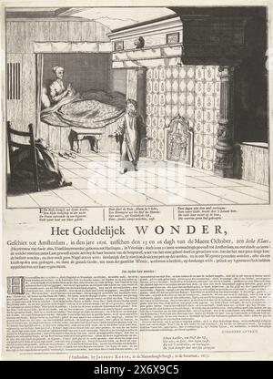 La guérison miraculeuse de Jeske Klaes, 1676, le Miracle Goddelijck, Geschiet tot Amsterdam, en l'an 1676, entre le 13 et le 16 octobre, à Jeske Klaes (...) (titre sur objet), la guérison miraculeuse de Jeske Klaes, a lieu entre le 13 et le 16 octobre 1676 à Amsterdam. La femme est assise dans sa boîte et remercie l'ange, sous la forme d'un garçon d'environ 10 ans, pour la guérison de ses jambes paralysées. Dans l'image 3 versets de 4 lignes, ci-dessous sur la page une description du miracle en 2 colonnes., impression, imprimeur : Coenraet Decker, Jan Luyken, (mentionné sur l'objet), éditeur Banque D'Images