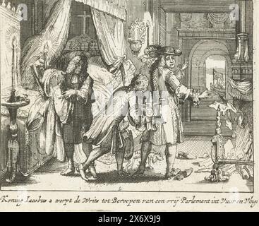 Jacques II jette les propositions pour un parlement libre dans le feu et fuit, 1688, le roi Jacques 2 jette les brefs pour les appels d'un Parlement libre dans le feu et la fuite (titre sur l'objet), le roi anglais Jacques II jette les propositions pour un parlement libre dans le feu et s'enfuit, 20 décembre 1688., print, print Maker : anonyme, pays-Bas du Nord, 1689, papier, gravure, hauteur, 93 mm × largeur, 114 mm Banque D'Images