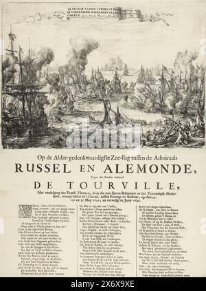 Bataille navale au cap la Hogue, 1692, la flotte française détruite par les flottes anglaise et néerlandaise combinées (titre sur objet), sur la bataille navale la plus mémorable de l'Alder entre les amiraux Russel et Aldemonde, contre l'amiral français de Tourville, avec destruction des flottes françaises, par ceux de la Grande-Bretagne et des pays-Bas; survenu dans le canal, entre Fécamp et Barfleur, les 29, 30 et 31 mai 1691, et poursuivi en juin 1692 (titre sur objet), la bataille du cap la Hogue au cours de laquelle les Français sous les ordres de l'amiral de Tourville furent vaincus par la flotte combinée de l'Angleterre et de la Hollande Banque D'Images