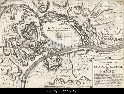 Carte de la ville de Namur avec château, assiégée par l'armée française en 1692 et reprise par les Alliés en 1695, images de la ville et du château de Namur (titre sur objet), carte de la ville de Namur avec château, assiégé et capturé par l'armée française en 1692 et repris par les Alliés en 1695., imprimeur, imprimeur : anonyme, pays-Bas, 1695-1699, papier, gravure, hauteur, 191 mm × largeur, 270 mm Banque D'Images