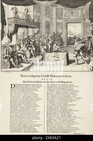 Caricature sur le triste état de France sous le règne de Louis XIV, 1692, courriers de parfum (titre sur objet), caricature sur le triste état de France sous le règne du roi Louis trône. A gauche, Jacques II pleure et le Grand Dauphin, derrière le roi, se trouve son épouse Madame de Maintenon. A droite deux Jésuites dont le père Peters, Wilhelm Egon von Fürstenberg et d'autres. Sur une table au milieu une nappe avec Phaëthon dans le char solaire, couronne et une impression de la bataille au cap la Hogue. Un prisonnier protestant menotté au sol. Une balle est tirée sur la table à partir d'un mortier. A Banque D'Images