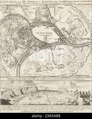 Siège de Namur, 1695, Plan de la ville et du Château de Namur avec syn buy Works, batteries, approches, Tranchees, lignes de circumvallation et contrevallation etc. (titre sur objet), siège de Namur par les Alliés sous le roi Guillaume III, à partir du 3 juillet 1695. Feuille sur laquelle sont imprimés la présentation et le titre de trois planches. Au milieu un plan de Namur et des environs immédiats avec les positions des troupes. Ci-dessous est une vue de la ville depuis les positions des assiégeants. De nouvelles positions et lignes ont été ajoutées dans la présentation de cette impression. Copie sans textes d'accompagnement., imprimer Banque D'Images