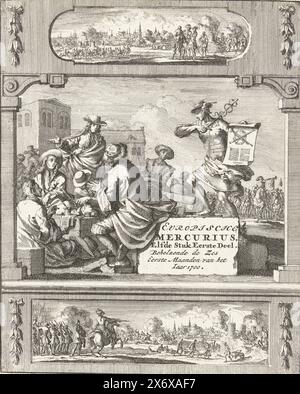 Page de titre de l'Europische Mercurius de 1700, Europische Mercurius, onzième partie première partie. Contenant les six premiers mois de l'année 1700 (titre sur objet), page titre du Mercure européen de 1700. Mercure apporte la nouvelle de la guerre à un groupe d'hommes assis ensemble. Ci-dessous et au-dessus de deux scènes de guerre plus petites., impression, imprimeur : Jan Luyken, pays-Bas du Nord, 1700, papier, gravure, hauteur, 170 mm × largeur, 136 mm Banque D'Images