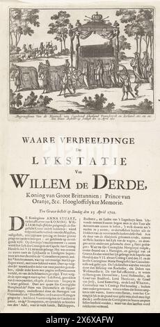 Funérailles du roi Guillaume III, 1702, Waare Verbeeldinge Der Lykstatie Van Willem de Derde (...) dix tombes ordonnées le dimanche 23 avril 1702 (titre sur objet), enterrement du roi d'Angleterre (...) dix tombes ordonnées le dimanche 23 avril 1702 (titre sur objet), cortège funèbre du roi Guillaume III à Londres, le 23 avril 1702. Corbillard avec le cercueil tiré par quatre chevaux. Sous la plaque un texte en deux colonnes., print, print Maker : anonyme, pays-Bas du Nord, 1702, papier, gravure, typographie, hauteur, 371 mm × largeur, 202 mm Banque D'Images