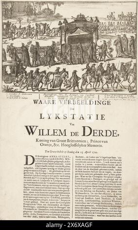 Funérailles du roi Guillaume III, 1702, Waare Verbeeldinge Der Lykstatie Van Willem de Derde (...) dix tombes ordonnées le dimanche 23 avril 1702 (titre sur objet), enterrement du roi d'Angleterre (...) dix tombes ordonnées le dimanche 23 avril 1702 (titre sur objet), cortège funèbre du roi Guillaume III à Londres, le 23 avril 1702. La procession en quatre rangées avec le corbillard avec le cercueil tiré par six chevaux. Dans la légende la légende A-l, sous la planche un texte en deux colonnes., impression, imprimeur : anonyme, éditeur : weduwe A. Tangena, (mentionné sur l'objet), inconnu, pays-Bas du Nord, 1702 Banque D'Images