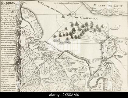 Attack on Québec, 1690, Quebec, ville de l'Amerique septentrionale, dans la Nouvelle France (...) (titre sur objet), les Forces de l'Europe, Asie, Afrique et Amerique (...) comme aussi les cartes des Côtes de France et d'Espagne (titre de la série sur objet), attaque par des navires anglais sur les Français à Québec, L'attaque est repoussée du 16 au 22 octobre 1690. Carte de Québc et des environs avec la flotte anglaise sur le fleuve Saint-Laurent devant la ville. Plaque n° 496 dans la partie XX de l'ouvrage imprimé : les Forces de l'Europe, Asia, Afrique et Amerique ... comme aussi les cartes des Côtes de France et Banque D'Images