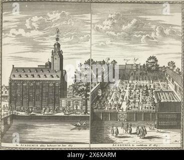 Vue du bâtiment de l'Académie à Leyde, 1726, l'Academia ainsi reconstruite en l'an 1617, Academia (...) (titre sur objet), les Forces de l'Europe, Asia, Afrique et Amerique (...) comme aussi les cartes des Côtes de France et d'Espagne (titre de série sur objet), feuille avec vue sur le bâtiment de l'Académie et le jardin d'herbes (Hortus Botanicus) de l'Université de Leyde. Plaque n° 305 en volume plaques de villes fortes et de forteresses renommées dans le contexte de la guerre de succession d'Espagne 1701-1713. La plupart de ces plaques ont été copiées à partir de plaques françaises anonymes de villes fortes renommées Banque D'Images