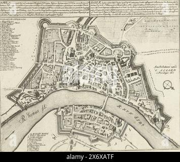 Carte de Bâle, CA. 1701-1713, Bâle, la ville la plus importante de Suisse, la capitale des 9ème cantons (...) (titre sur l'objet), les principales forteresses & villes fortes, d'Espagne, de France, d'Italie, la Savoie, d'Allemagne & des Païs-Bas (...), images précises des plus importantes villes fortes et forteresses d'Espagne, de France, d'Italie, de Savoie, d'Allemagne et des pays-Bas (...) (titre de la série sur objet), carte de la ville suisse de Bâle, située sur le Rhin. Partie de la série de 49 plaques rassemblées de villes fortes et de forteresses renommées dans la guerre de succession d'Espagne, vers 1701- Banque D'Images