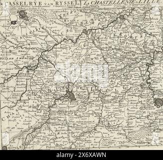 Carte de la châtellerie de Lille, vers 1701-1713, de la Casselrye de Ryssel, et des lieux environnants (titre sur objet), les principales forteresses & villes fortes, d'Espagne, de France, d'Italie, de Savoia, d'Allemagne & des Païs-Bas (...), images précises des plus importantes villes fortes et forteresses d'Espagne, de France, d'Italie, de Savoie, d'Allemagne et des pays-Bas (...) (titre de la série sur objet), carte de la châtellerie de Lille (Lille). Fait partie de la série de 49 plaques rassemblées de villes fortes et de forteresses renommées dans la guerre de succession d'Espagne, vers 1701-1713. Avec les titres dans Banque D'Images