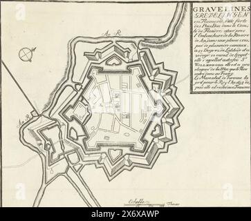 Carte de Gravelines, CA. 1693-1696, Gravelines Grevelingen en Flamand, ville forte des Pais Bas, dans le Comté de Flandre (...) (titre sur objet), le Theater de la guerre, dans les pays-Bas, ou représentation des principales villes qui sont en Flandres, Hainaut, Brabant &c. Avec leurs fortifications (...) premier volume (titre de la série sur objet), carte des fortifications autour de la ville flamande de Gravelines (Grevelingen). Partie de la première partie de l'estampe : le Théâtre de la Guerre, dans les pays-Bas, paru en 1696. Cette partie contient 25 planches avec plans (de Sébastien le Prestre Banque D'Images