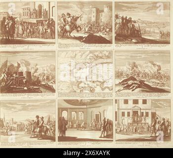 Théâtre de la guerre (page VIII), 1707, Théâtre de la guerre, à partir du roi Charles Ier jusqu'au roi Charles IIIer existant en IX. figures historiques sur une feuille d'éléphant, comme batailles, sièges sur l'eau et sur la terre, avec les forteresses les plus importantes (...) (titre de la série sur objet), feuille avec neuf représentations des événements de l'année 1707 de la guerre de succession d'Espagne et des cartes des villes fortifiées. Feuille VIII dans : Théâtre de la guerre (édition de 1709), l'estampe avec la série groupée de 18 planches sur la guerre de succession d'Espagne., estampe, imprimeur : Pieter Schenk (I), éditeur : Pieter Banque D'Images